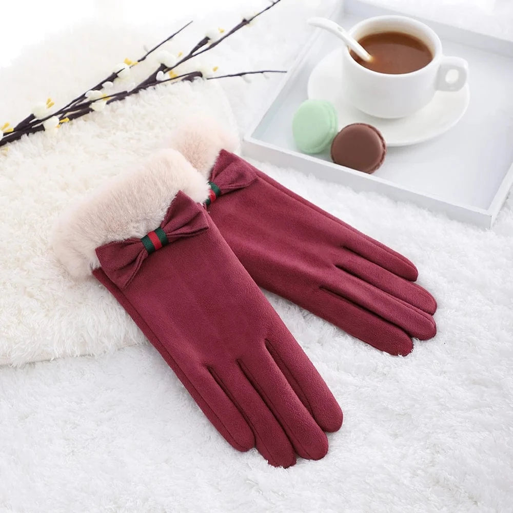 Blue-Green Outdoor cute bow comfortable lining winter windproof touch screen fashion gloves for women