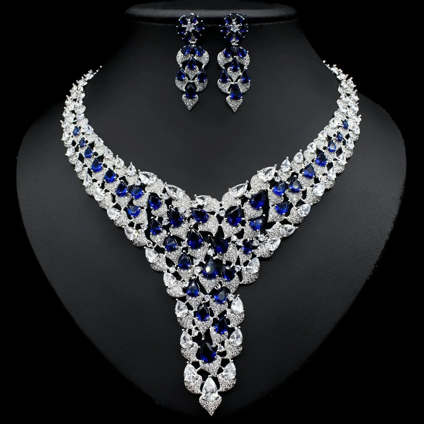 Blue High Quality Inlay Full Zircon Jewelry Necklace Drop Earring Women Trendy Bridal Engagement Wedding Jewelry Set