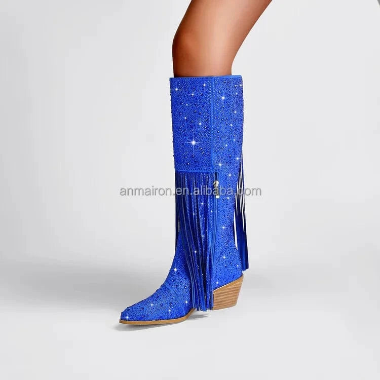 Blue Long Boot Winter Shoes 2023 suede fabric Women High Heel Knee High Boots