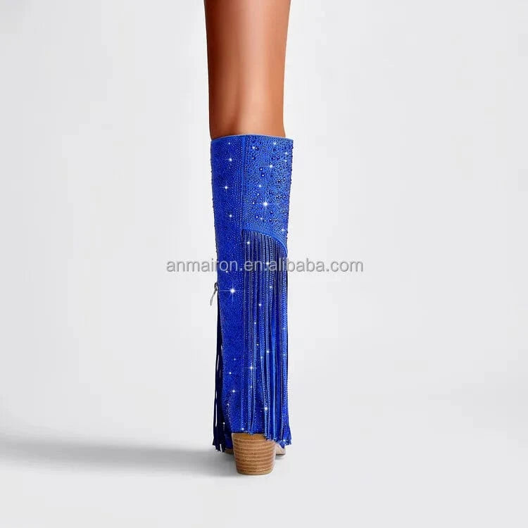Blue Long Boot Winter Shoes 2023 suede fabric Women High Heel Knee High Boots