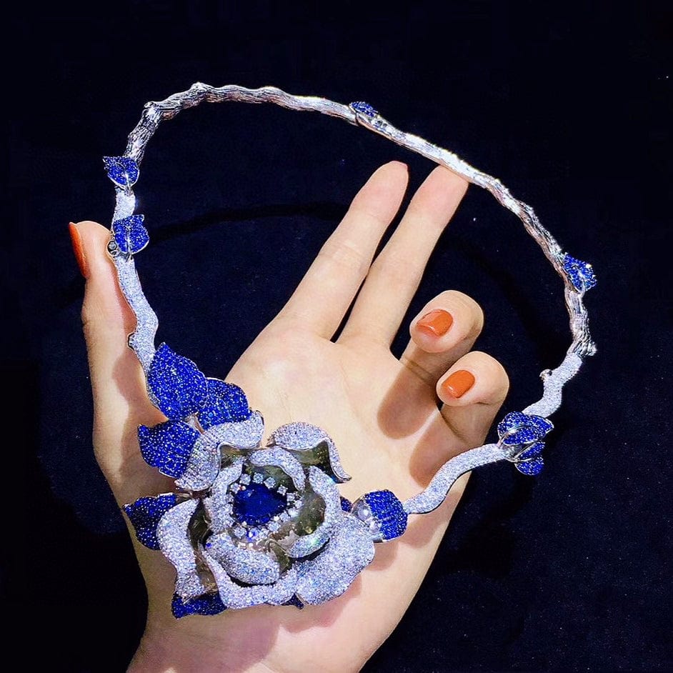 Blue luxury jewelry 925 silver green flower emerald cz micro pave women choker necklace