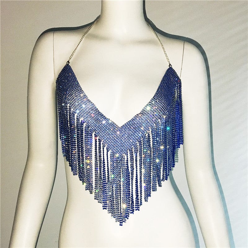 Blue / One size fit all SHIHAN 7 Colors New arrival diamante chainmail neck top bra body chain jewelry for women sparkle bras body jewelry