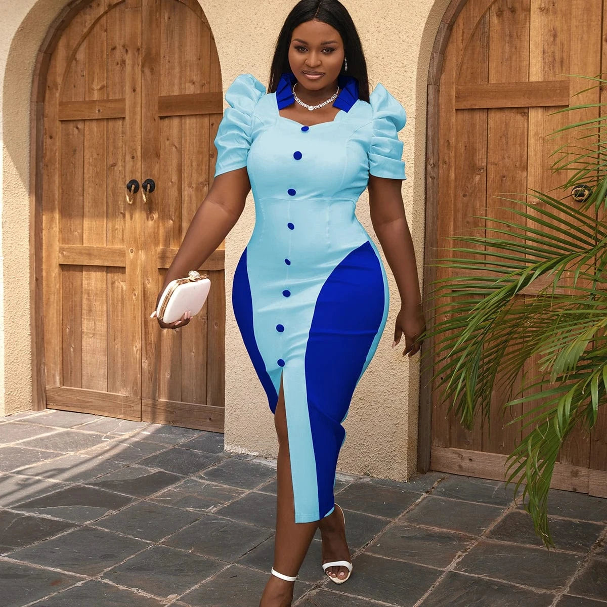 Blue Patchwork Elegant New Ruffle Formal Party Lady Cocktail Dresses