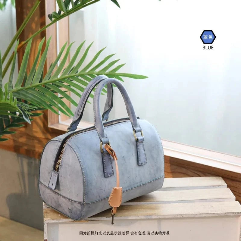 blue Wholesale New Hand-Made Vegetable Tanned Leather Large Capacity Handbag Genuine  Leather Vintage Sweet Style Handbag For Women