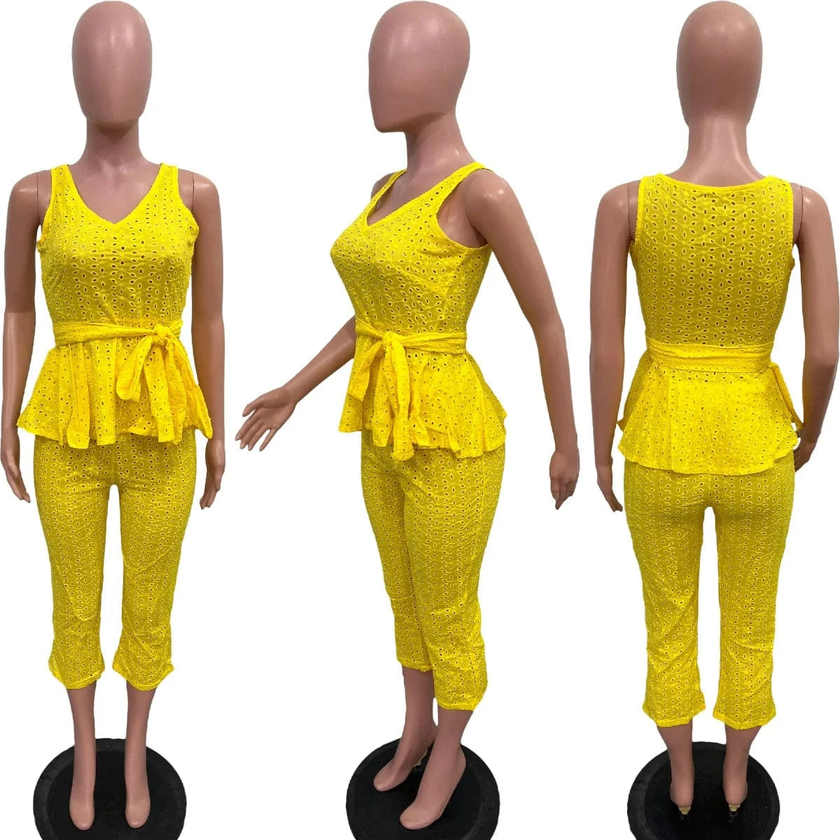 BN300 Solid Color Bandage Patchwork V-Neck Sleeveless Ruffle Hem Tank & Pant Set