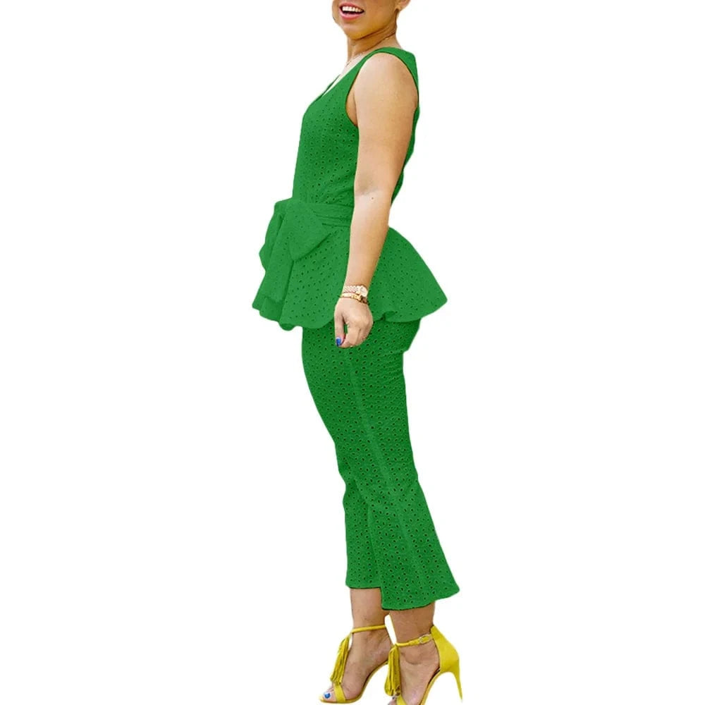 BN300 Solid Color Bandage Patchwork V-Neck Sleeveless Ruffle Hem Tank & Pant Set