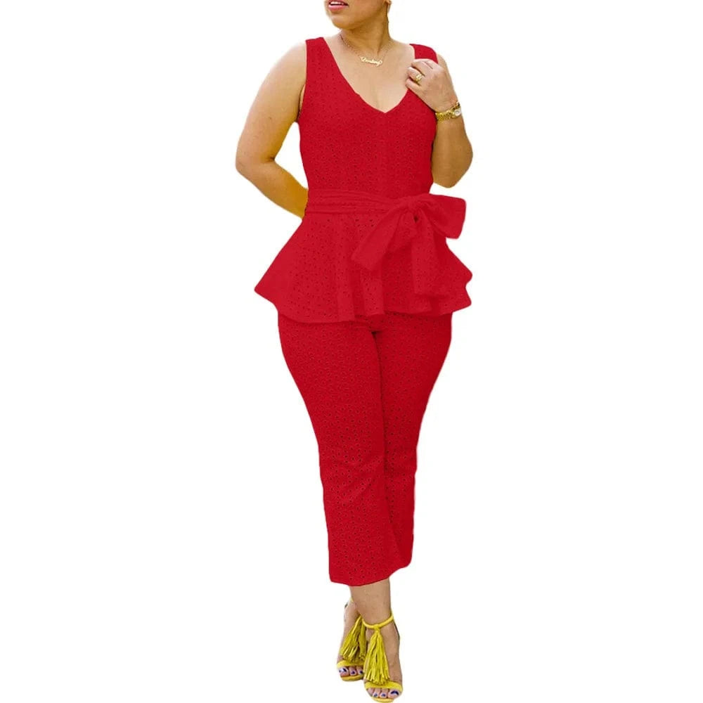 BN300 Solid Color Bandage Patchwork V-Neck Sleeveless Ruffle Hem Tank & Pant Set