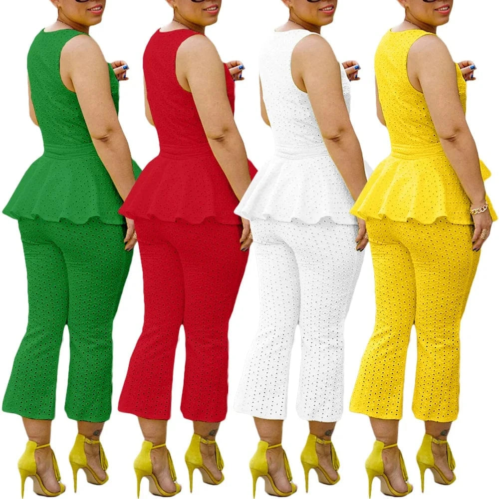 BN300 Solid Color Bandage Patchwork V-Neck Sleeveless Ruffle Hem Tank & Pant Set