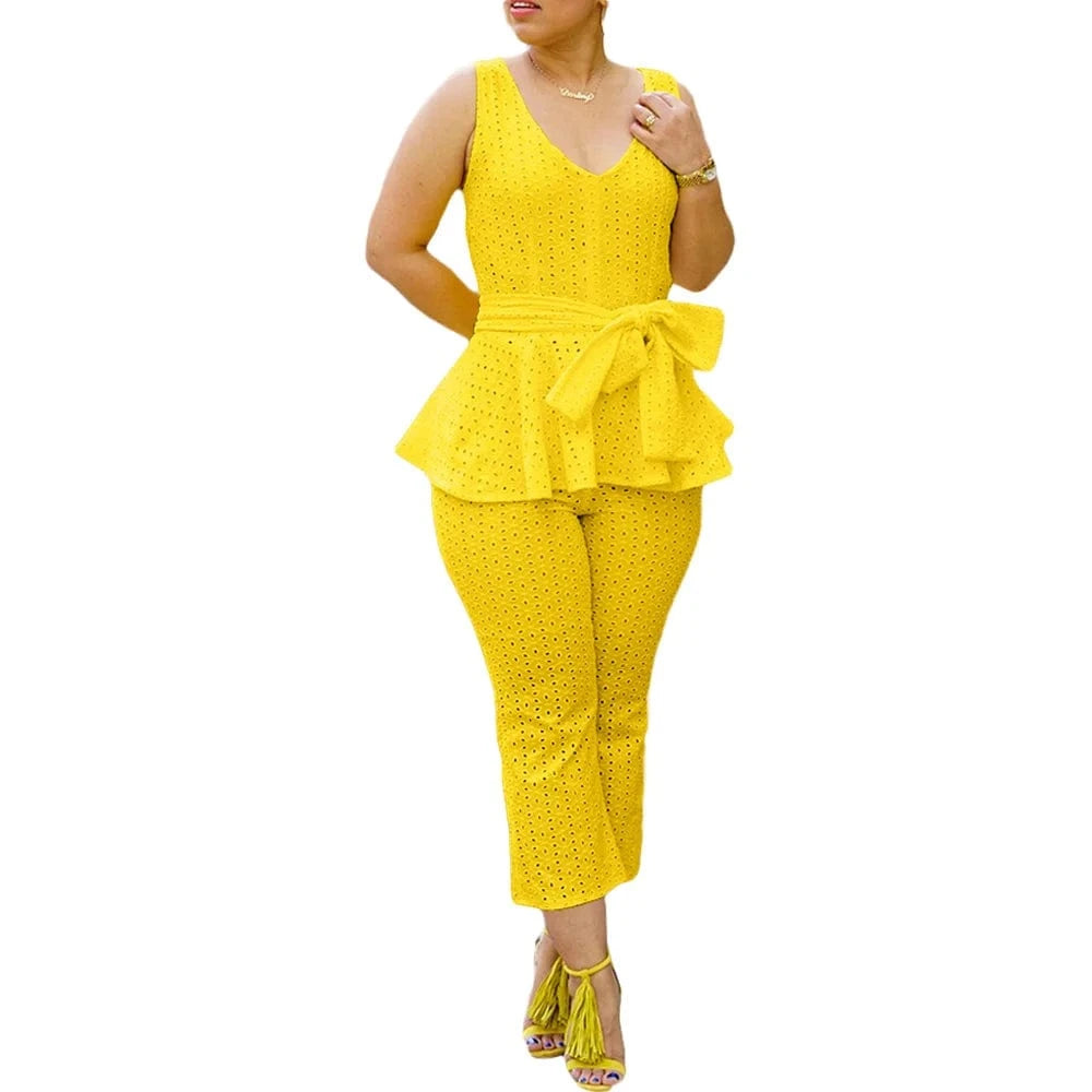 BN300 Solid Color Bandage Patchwork V-Neck Sleeveless Ruffle Hem Tank & Pant Set