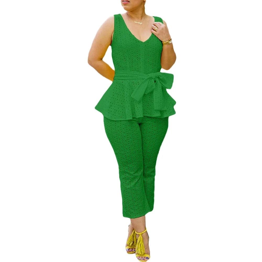 BN300 Solid Color Bandage Patchwork V-Neck Sleeveless Ruffle Hem Tank & Pant Set