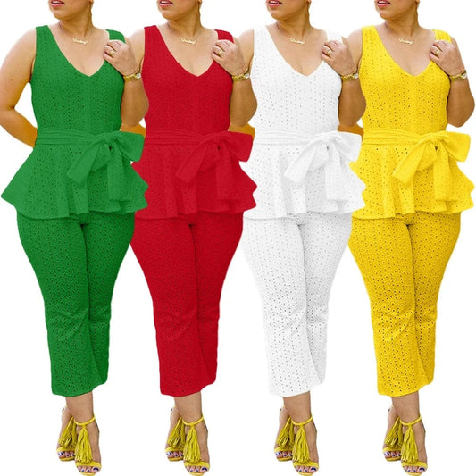 BN300 Solid Color Bandage Patchwork V-Neck Sleeveless Ruffle Hem Tank & Pant Set