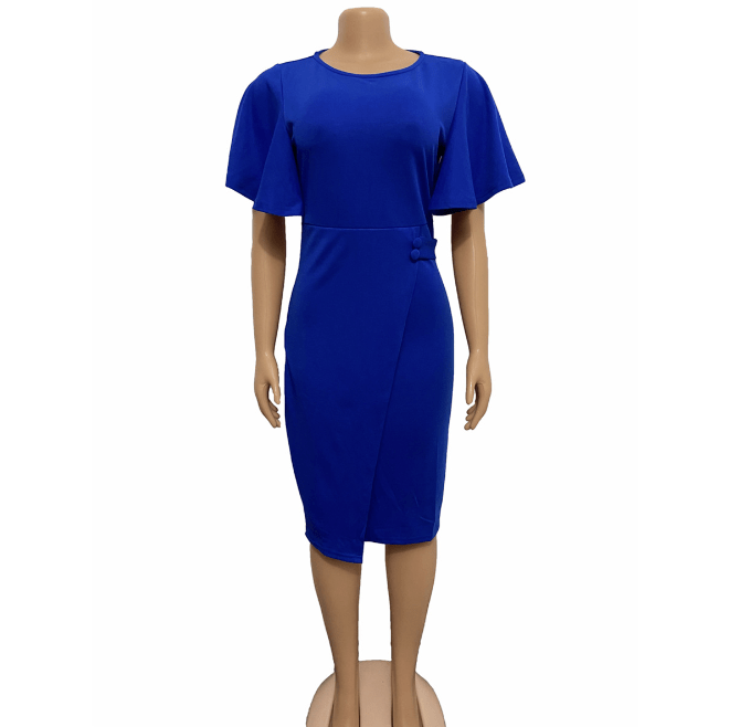 Bodycon Elegant Ruffles Sleeve Button Round Neck Career Dress Ladies