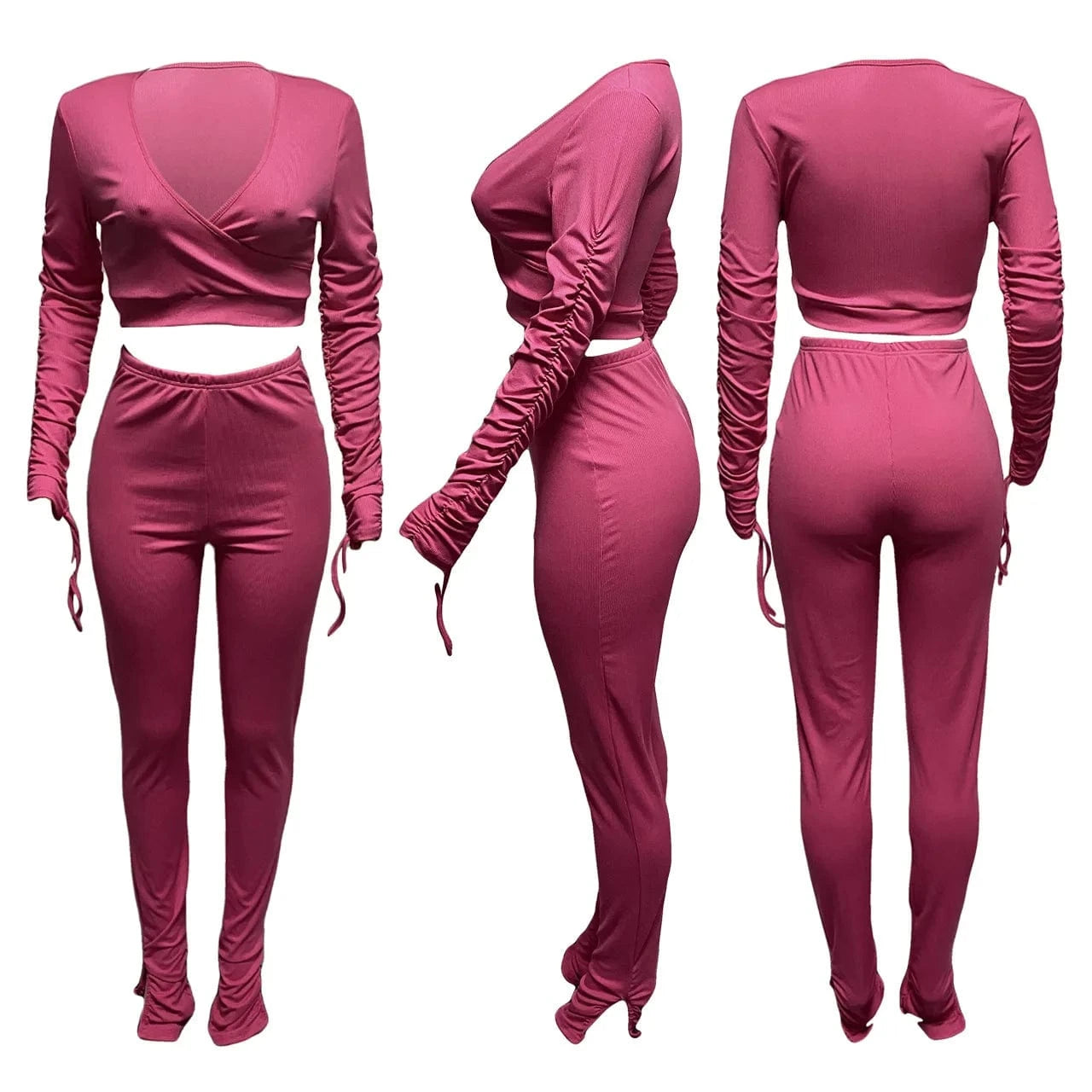 Bodycon Fall Two Piece Women Pants Sets Pleated Long Sleeve Slit Legging Sexy Ladies 2Piece Outfit