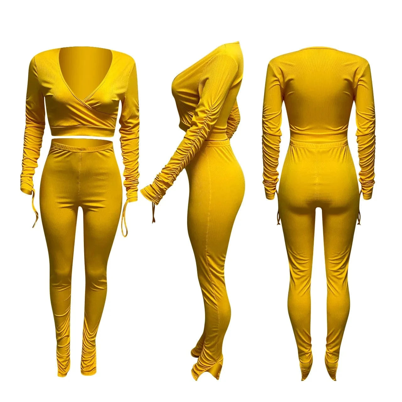 Bodycon Fall Two Piece Women Pants Sets Pleated Long Sleeve Slit Legging Sexy Ladies 2Piece Outfit