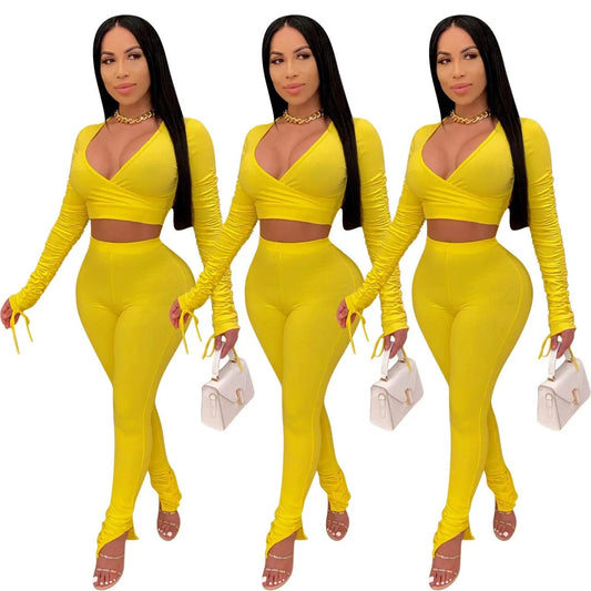 Bodycon Fall Two Piece Women Pants Sets Pleated Long Sleeve Slit Legging Sexy Ladies 2Piece Outfit