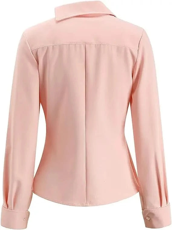 Bodycon Ruffle Fall Party Pink Lovely AOMEI Button Women Office Blouse