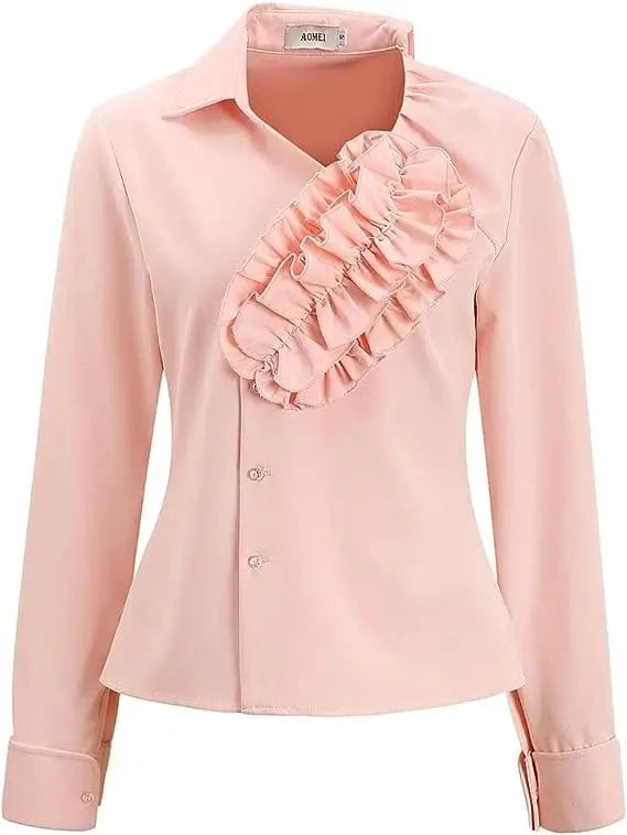 Bodycon Ruffle Fall Party Pink Lovely AOMEI Button Women Office Blouse