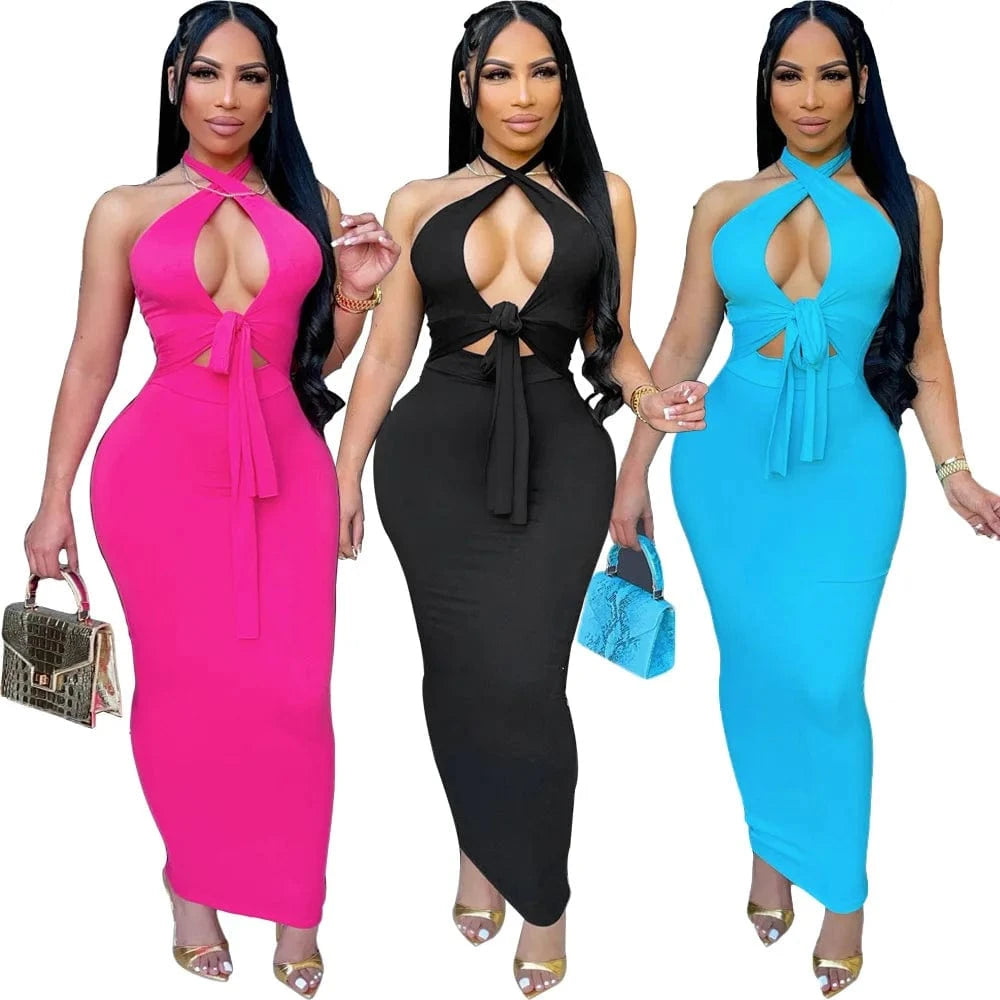 Bodycon Sleeveless Beach Maxi Dress Women Wholesale Sexy Summer Women Tank Halter Dress Cut Out Long Solid Wrap Dress
