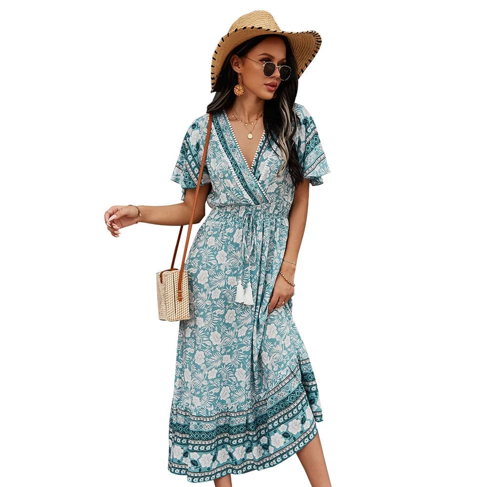 Bohemian Beach Dress Ladies Polynesian Wear Fashion Girls Flower Printed Dress Women Clothing Summer Boho Floral Casual Dress