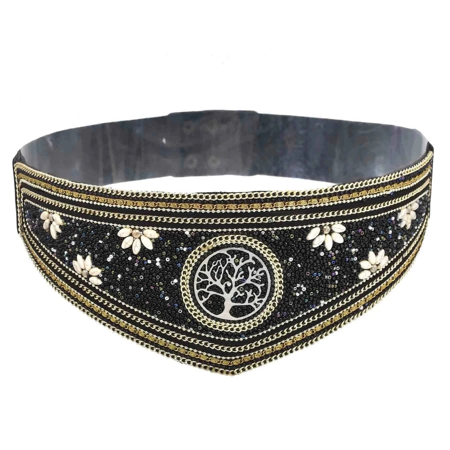 bohemian / Black Handmade Bohemian Waist Belt  Black Beads Elastic Statement Belly  Body Chain Dress Belt  Ethnic Jewelry