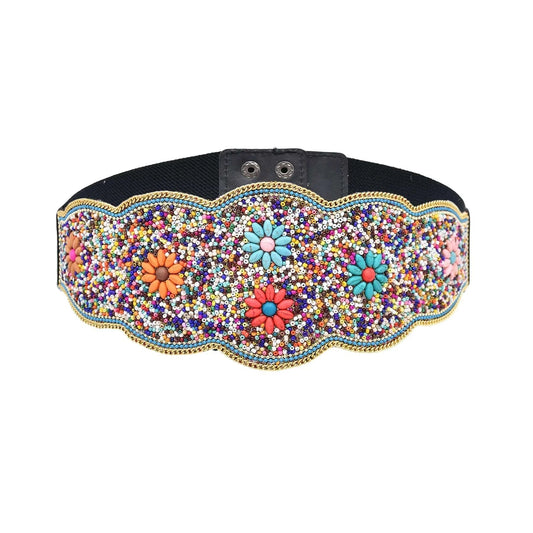Bohemian Flower Bead Belt Ethnic Statement Wide Elastic Body Belt for Women Girls Dancing