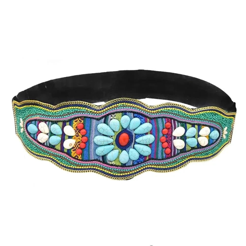 bohemian / light blue Elastic Women belt Handmade Colorful Rice Bead Shell Leather Elastic Belt Bohemian Ethnic Body Jewelry