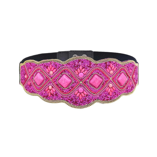 bohemian / rose Rose Red Geometric Block Stone Waistband Elastic Leather Belts Elastic Belt