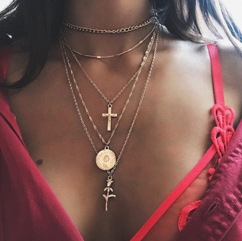 Boho Vintage Chain Link Padlock Gold Simple Diamond Cross Moon Pearl horoscope chains Evil Eye Double Necklace