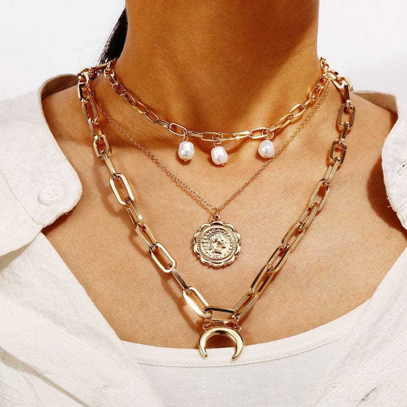 Boho Vintage Chain Link Padlock Gold Simple Diamond Cross Moon Pearl horoscope chains Evil Eye Double Necklace