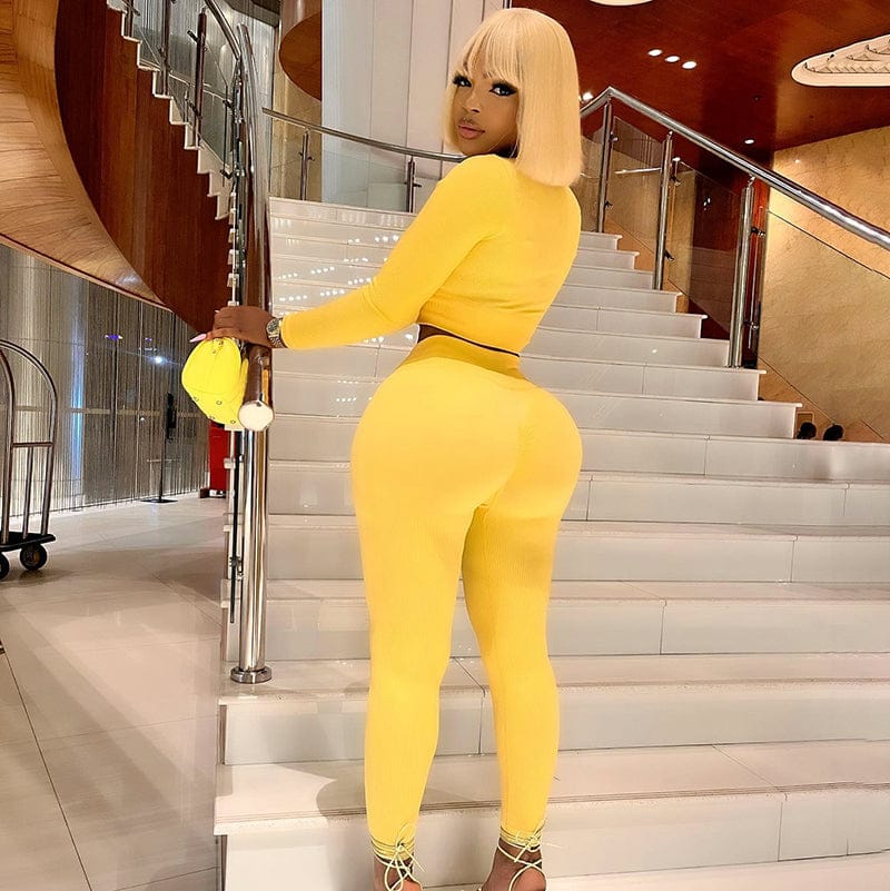 Bomblook K22ST459 Solid Color Fabric 2022 Women Two Piece Set Crop Top Fall Tight Outfits