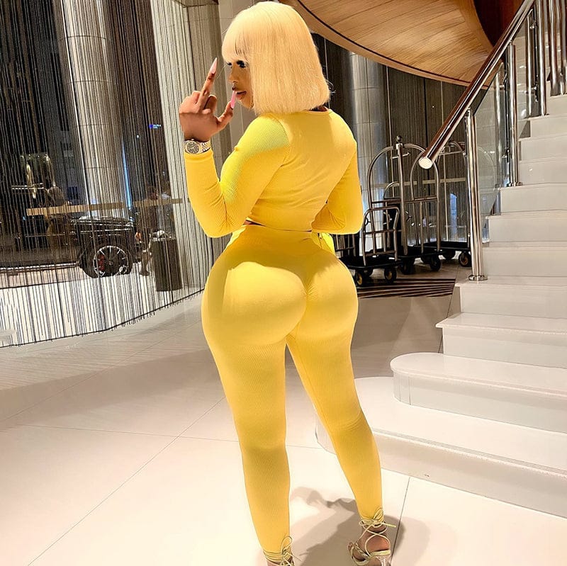 Bomblook K22ST459 Solid Color Fabric 2022 Women Two Piece Set Crop Top Fall Tight Outfits