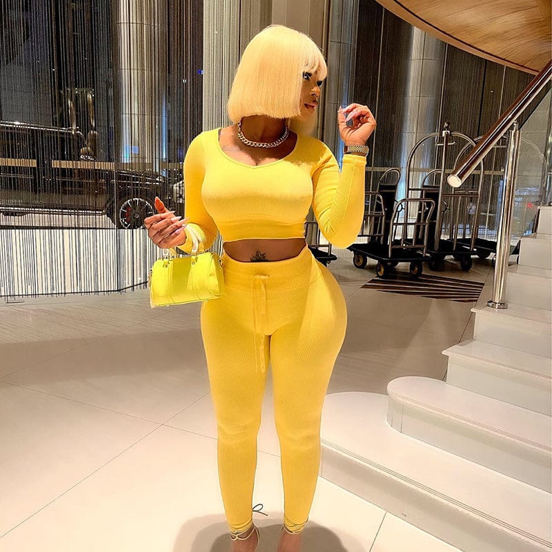 Bomblook K22ST459 Solid Color Fabric 2022 Women Two Piece Set Crop Top Fall Tight Outfits