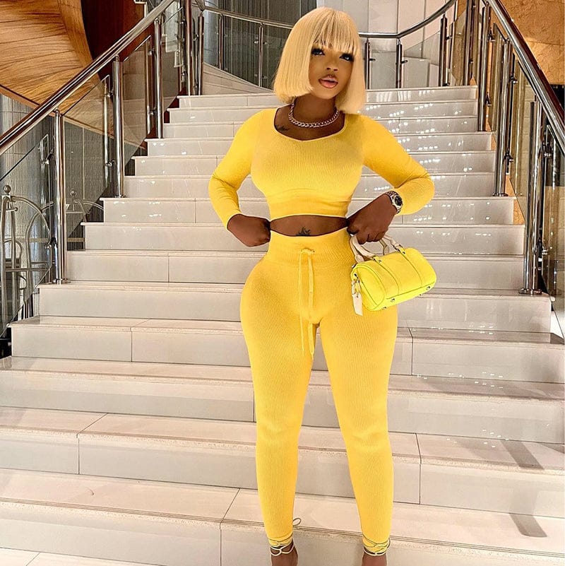 Bomblook K22ST459 Solid Color Fabric 2022 Women Two Piece Set Crop Top Fall Tight Outfits