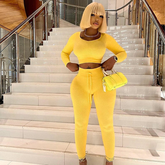 Bomblook K22ST459 Solid Color Fabric 2022 Women Two Piece Set Crop Top Fall Tight Outfits