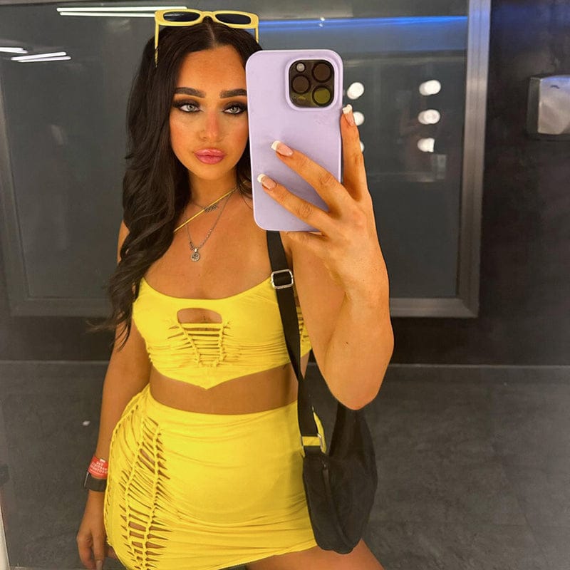 Bomblook L23ST030 Summer 2023 Women Clothing Hollow Out Spaghetti Strap Tank Top Skirt Sexy Club Outfits 2 Piece Set Women