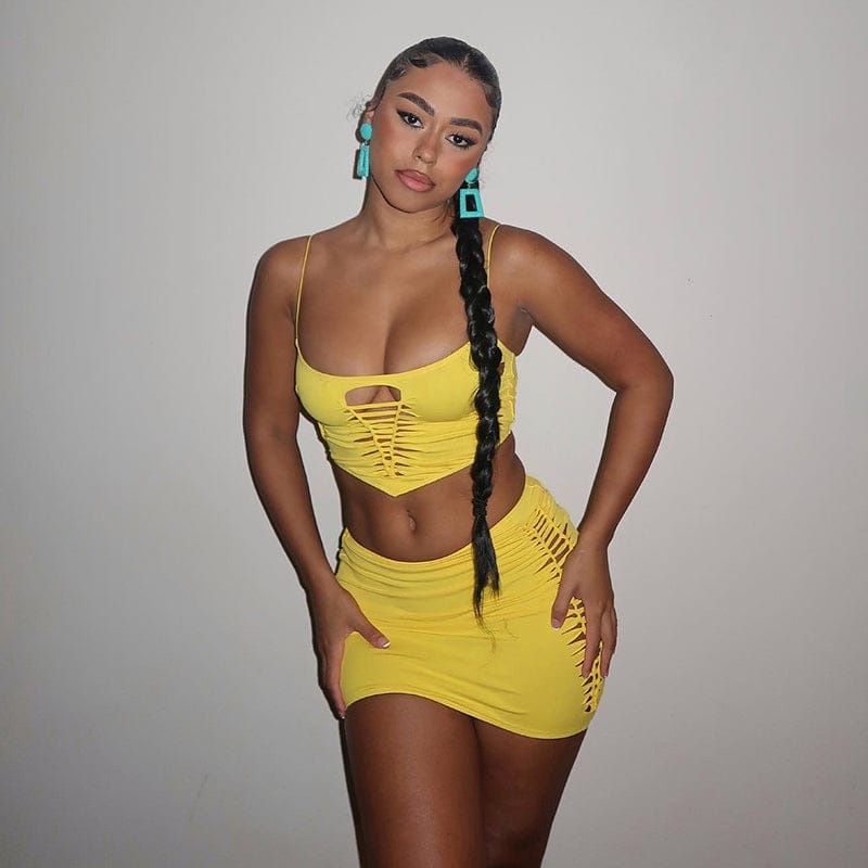 Bomblook L23ST030 Summer 2023 Women Clothing Hollow Out Spaghetti Strap Tank Top Skirt Sexy Club Outfits 2 Piece Set Women