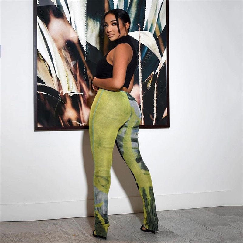 Bomblook LCPT15 Fashion Casual High Street Women's new pants Mesh Tie Dye Print Mid Waist Body-Shaping Micro Flared Trousers