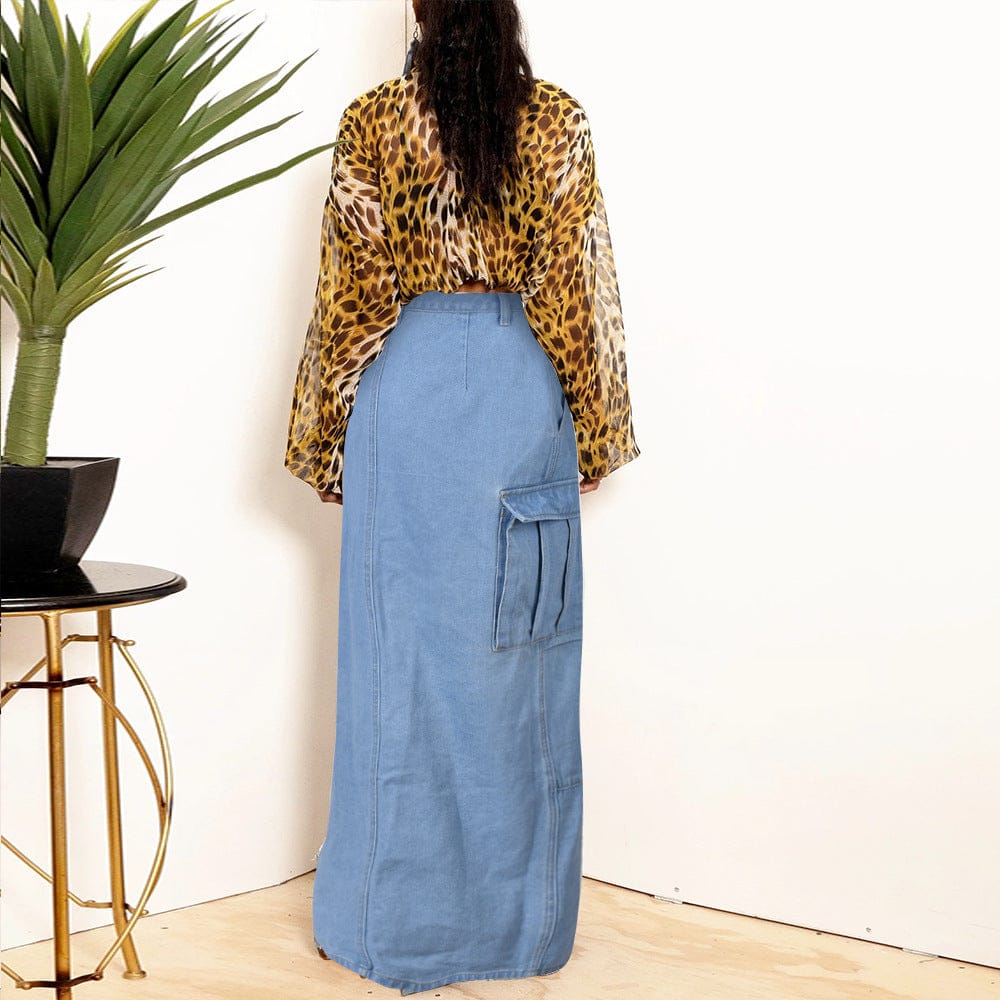 Bomblook LCSK07 Women Spring 2023 Fashion Streetwear Solid Color Straight Side Split Sexy Maxi Denim Skirt