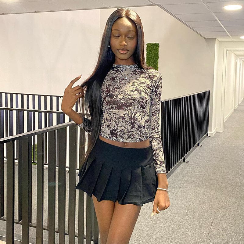 Bomblook Q23TP007 Top Selling Pattern Printed Crew Neck Crop Top Selling Products 2023 Women Long Sleeve Top