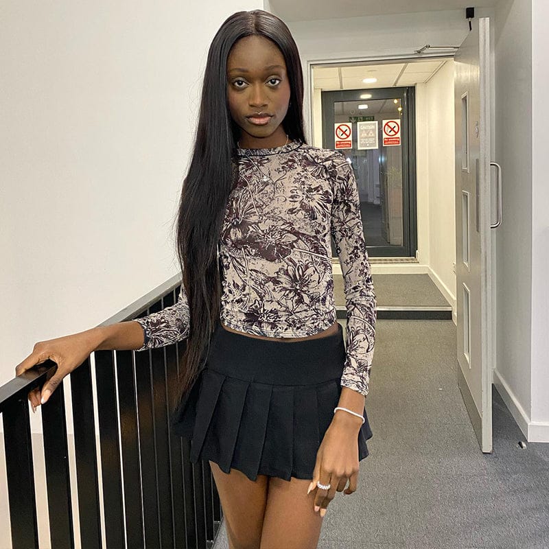 Bomblook Q23TP007 Top Selling Pattern Printed Crew Neck Crop Top Selling Products 2023 Women Long Sleeve Top