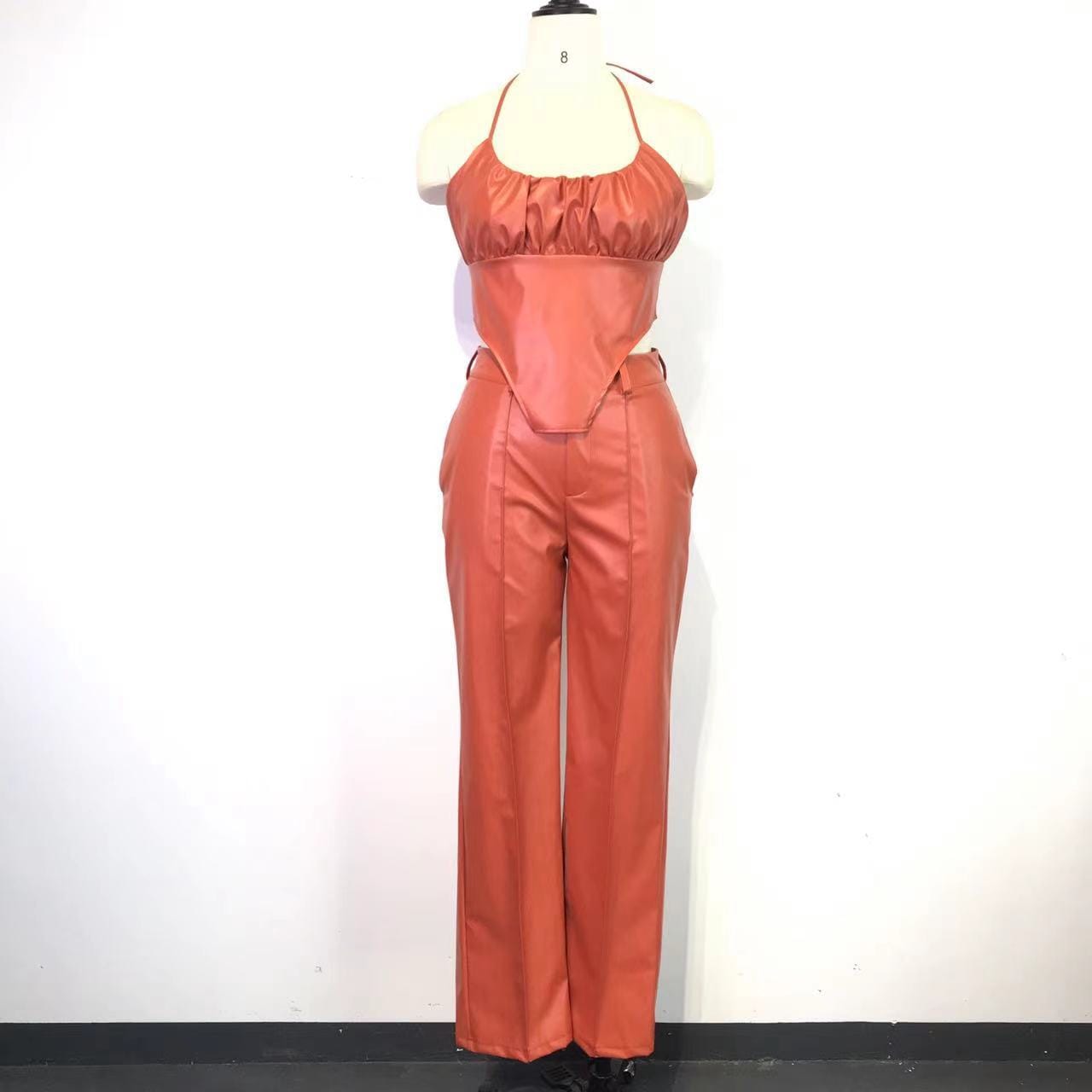 Bomblook QWST21 2022 PU Leather Two Piece Set Sleeveless Tank Crop Top Skinny Pants Female Casual 2 Pcs Set