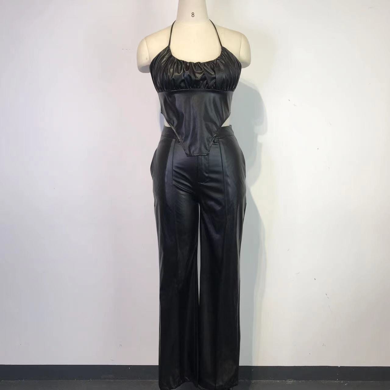 Bomblook QWST21 2022 PU Leather Two Piece Set Sleeveless Tank Crop Top Skinny Pants Female Casual 2 Pcs Set