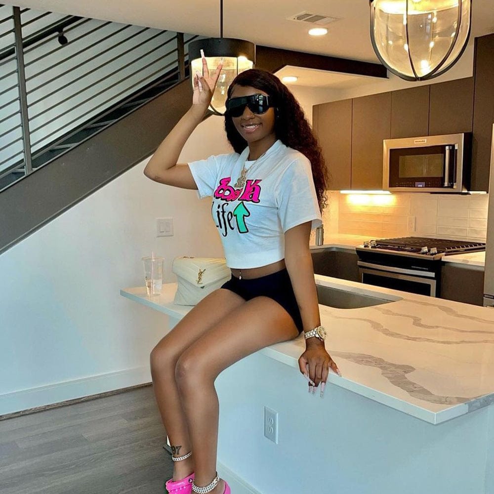 Bomblook QWTP33 Basic T Shirt Women Crop Top Short Sleeve Letter Print Fit Top T Shirt Casual