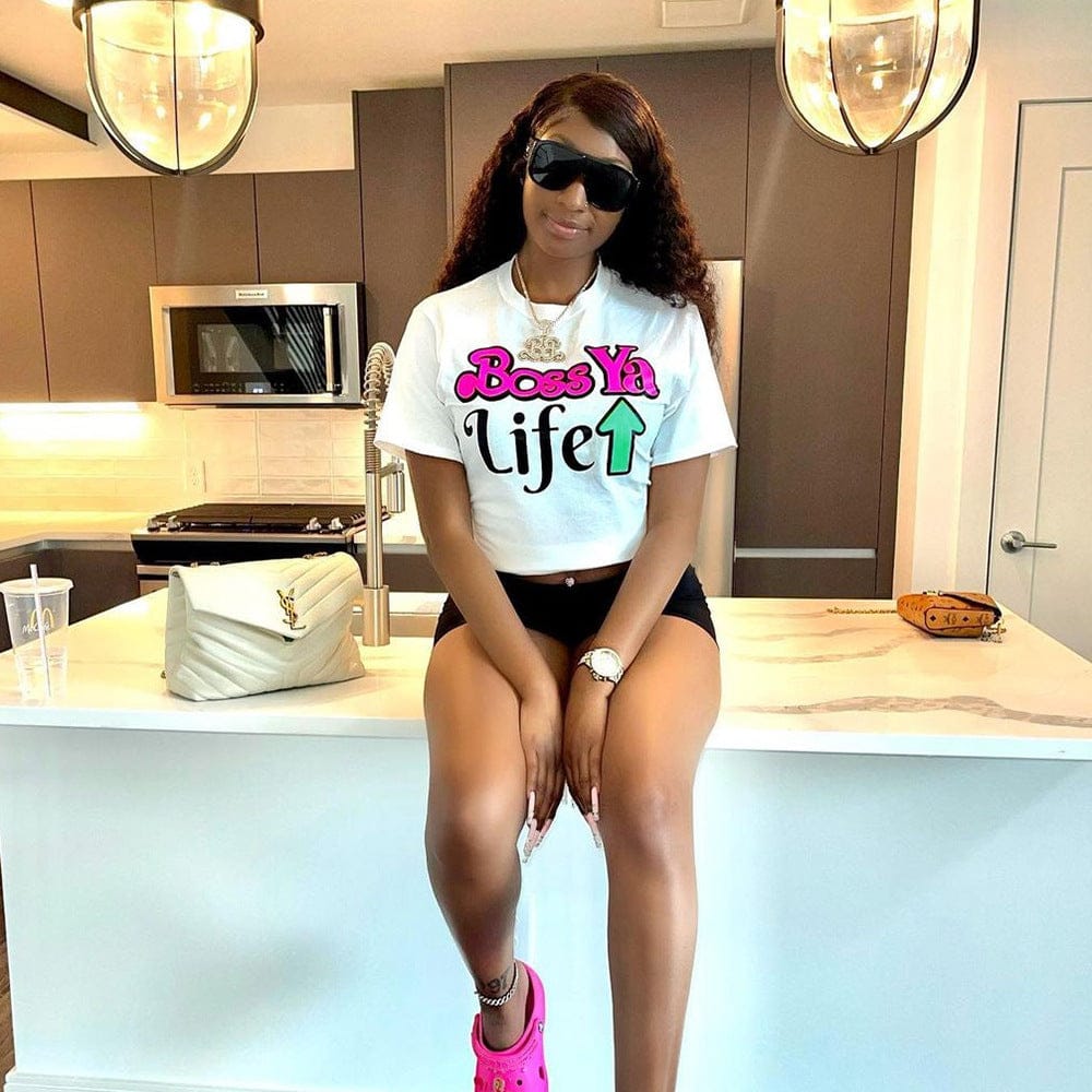 Bomblook QWTP33 Basic T Shirt Women Crop Top Short Sleeve Letter Print Fit Top T Shirt Casual