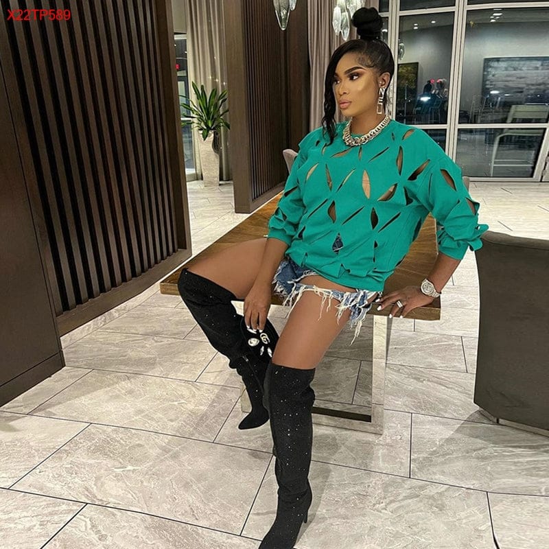 Bomblook X22TP589 New Arrivals O Neck Fashion Loose Blouse Women Long Sleeve Cut Out Top