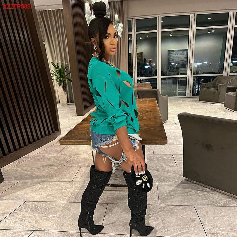 Bomblook X22TP589 New Arrivals O Neck Fashion Loose Blouse Women Long Sleeve Cut Out Top