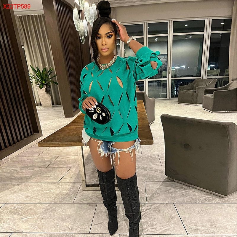 Bomblook X22TP589 New Arrivals O Neck Fashion Loose Blouse Women Long Sleeve Cut Out Top