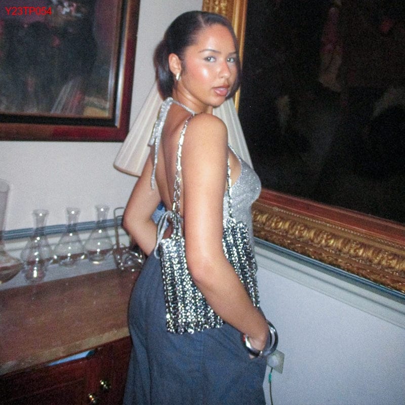 Bomblook Y23TP054 Women's Clothing Metal Sequin Nightclub Hanging Neck Sexy Backless Cami Tops For Women Crop Tops For Women