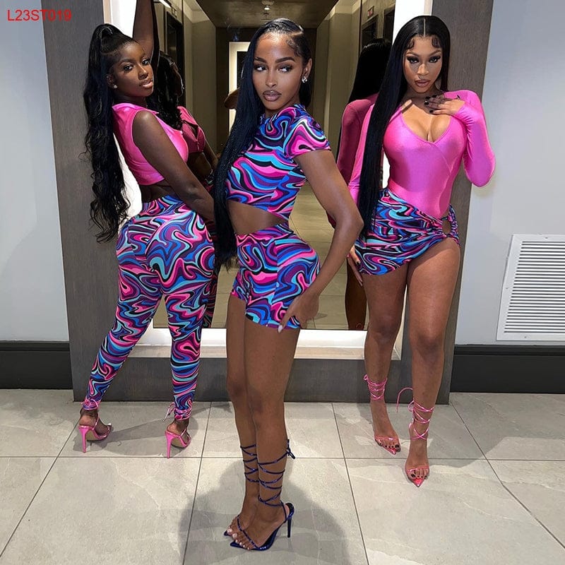 Boomlook L23ST019 2023 Source Factory Sexy Crop Top Crew Neck Satin Women Set Two Piece Set