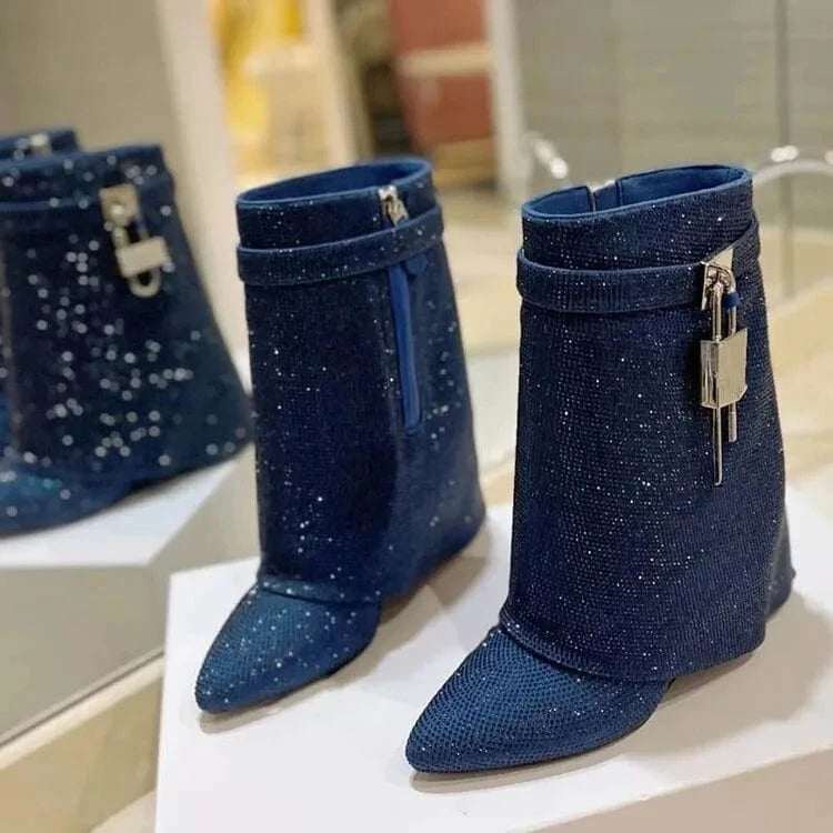 Botines Mujer Shark Lock Fashion Wedge Heel Shiny Diamond Rhinestone Short Boots for Women Shoes